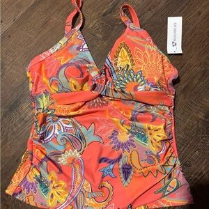 NWT Vibrant coral Floral Swimsuit tankini top, marked large fits like a medium